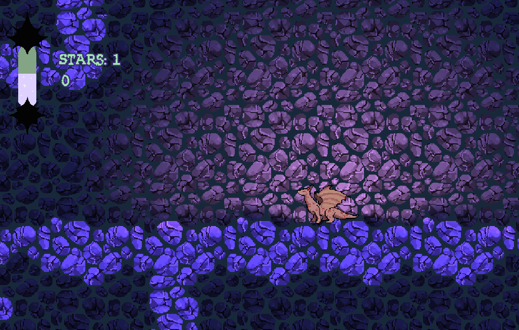 Pixel-art screenshot of Illuminate: a small dragon standing in a glowing purple cave beside two geese