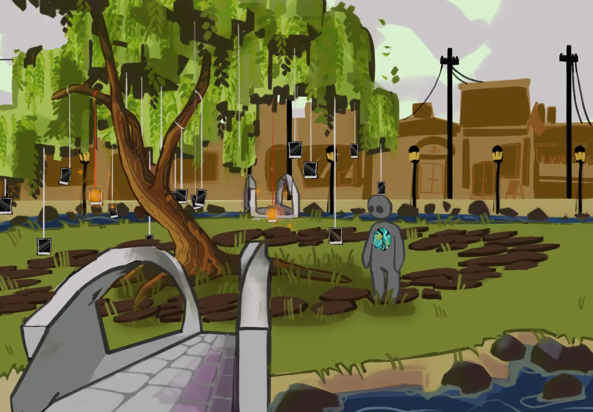 Peaceland environment concept art — willow tree courtyard