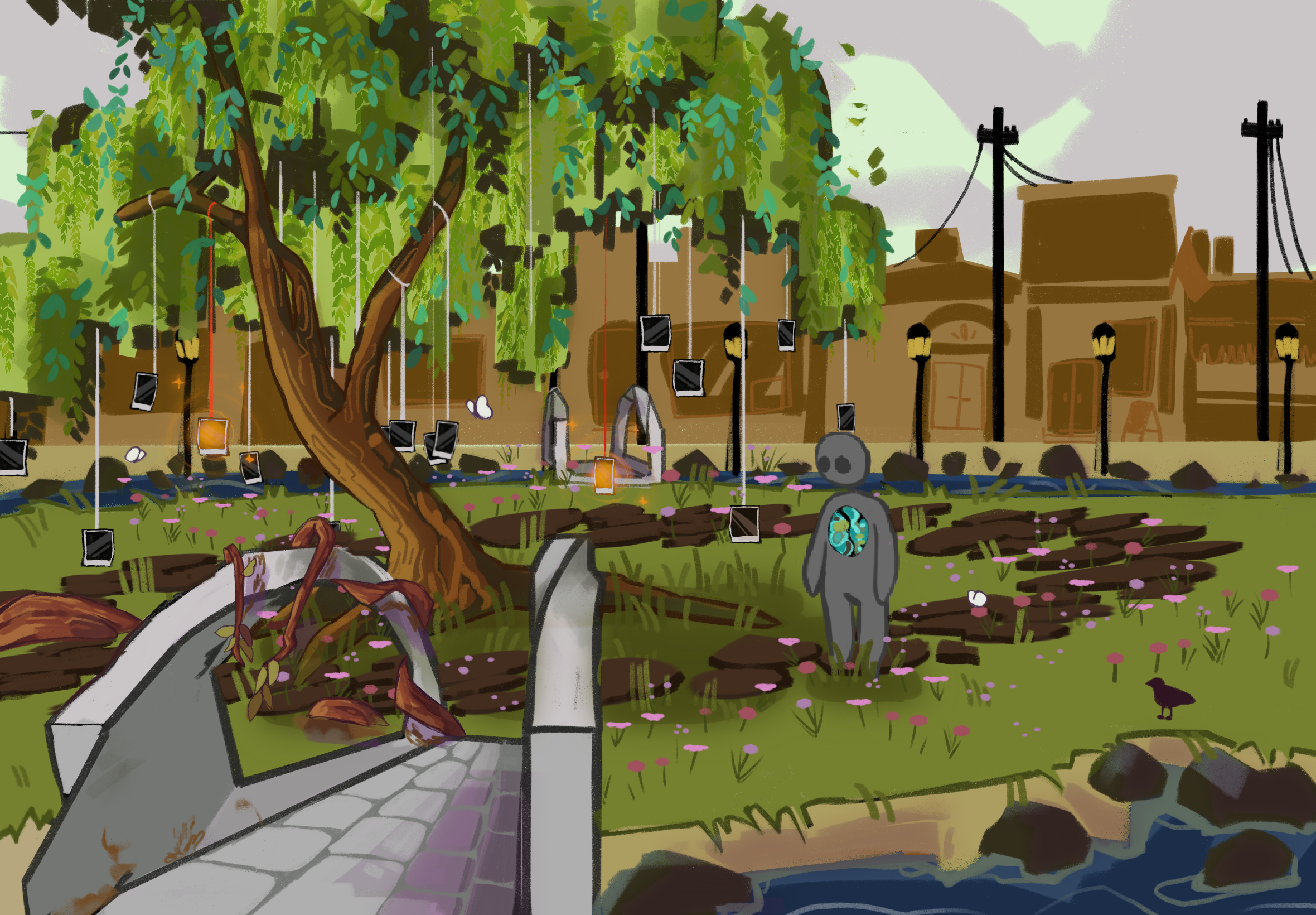 Concept art of Peaceland, showing a willow tree and lantern-lined courtyard