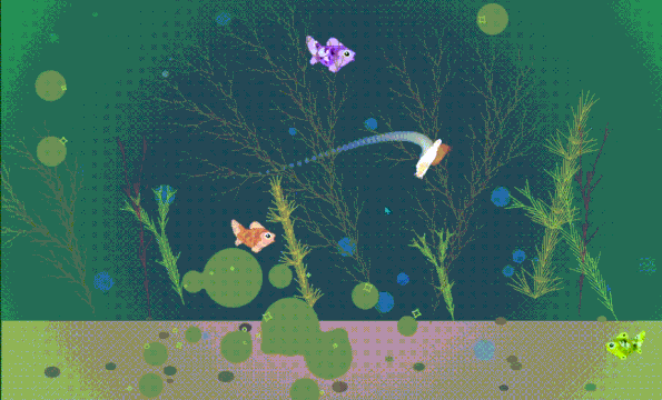 Snail character steering through the Algae Cleaner tank simulation