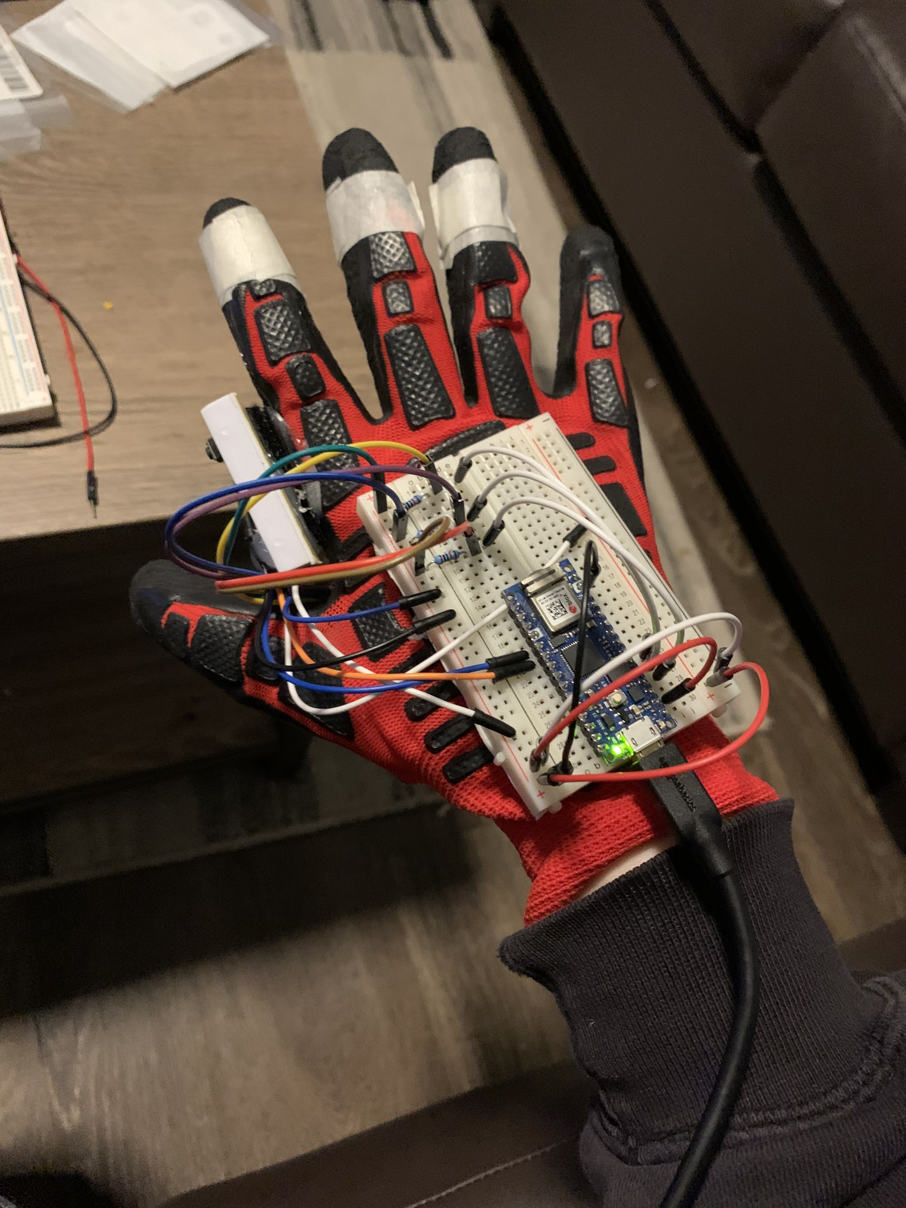 Alt Game Controller glove, breadboard and sensor mounting detail